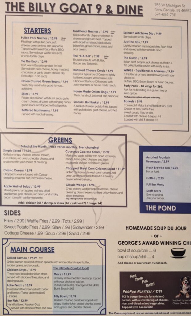 Billy Goat 9 & Dine Menu 2