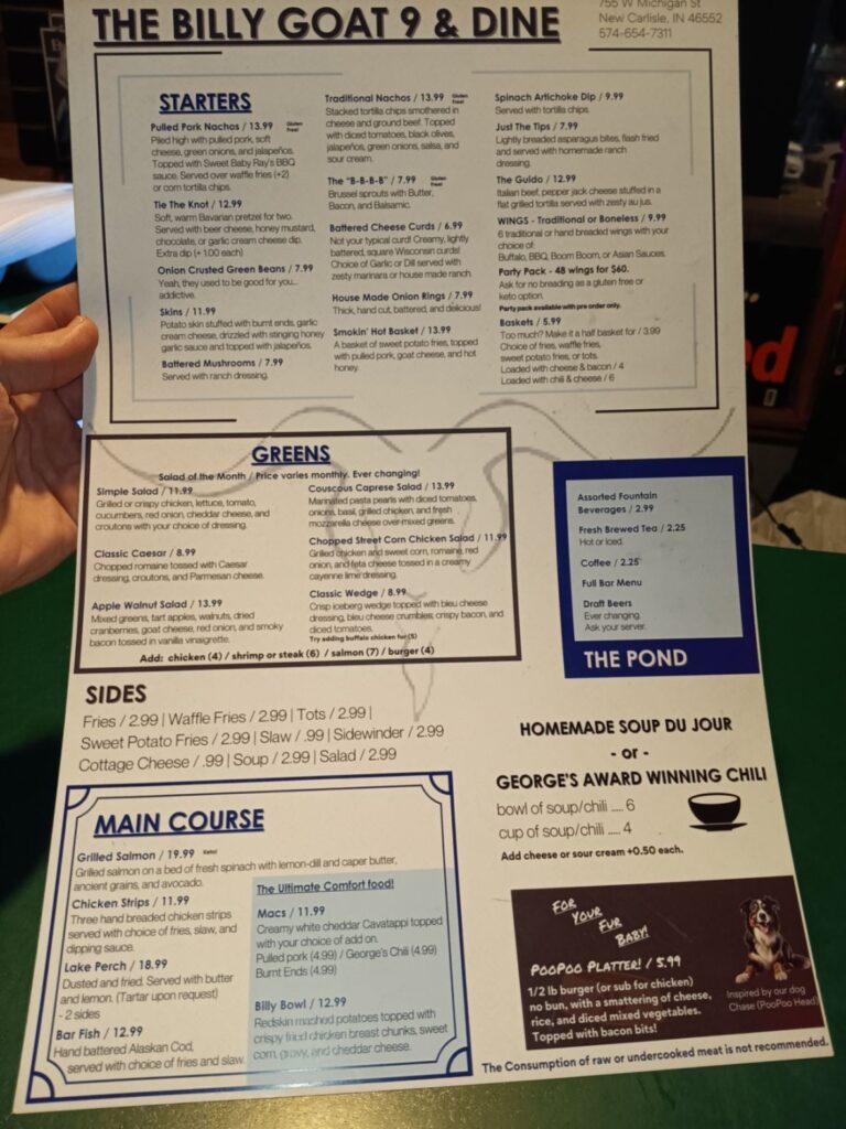 Billy Goat 9 & Dine Menu 3