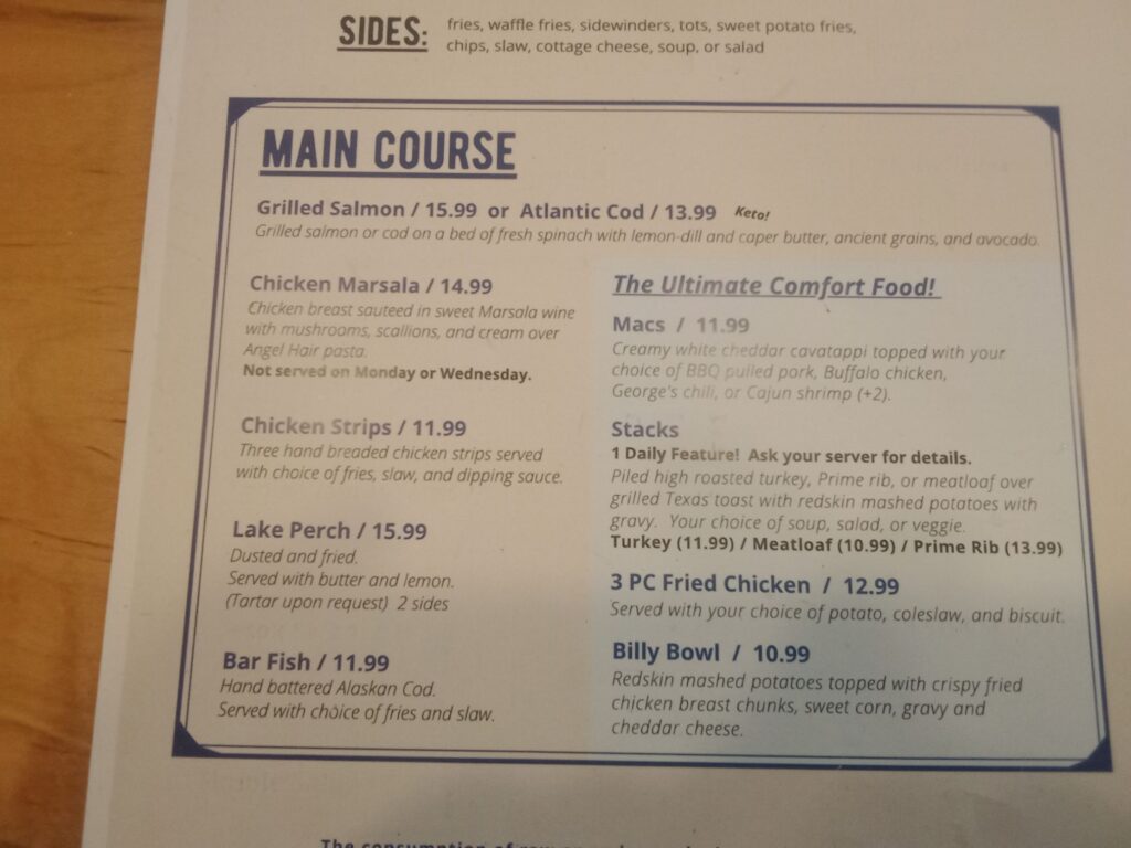 Billy Goat 9 & Dine Menu 5