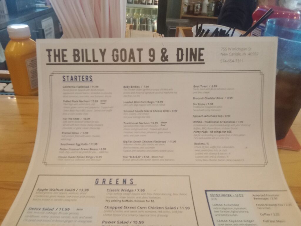 Billy Goat 9 & Dine Menu 8